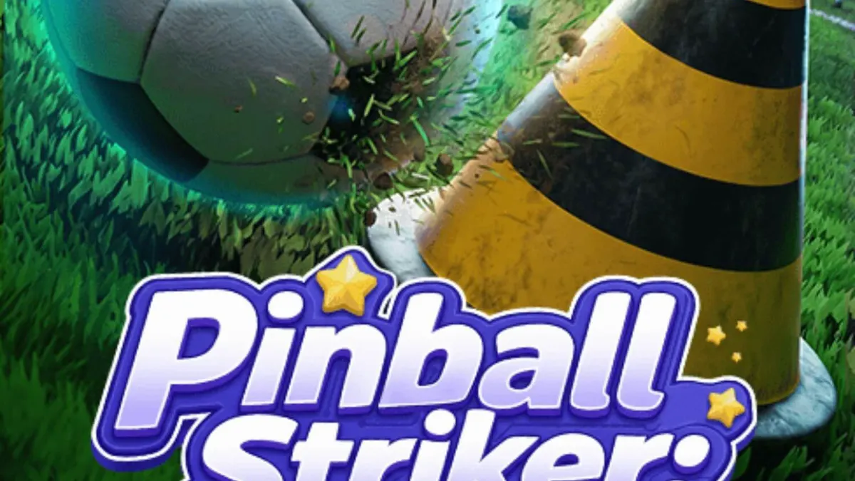 Tampilan layar permainan Pinball Striker 20,000x dengan tema stadion sepak bola neon